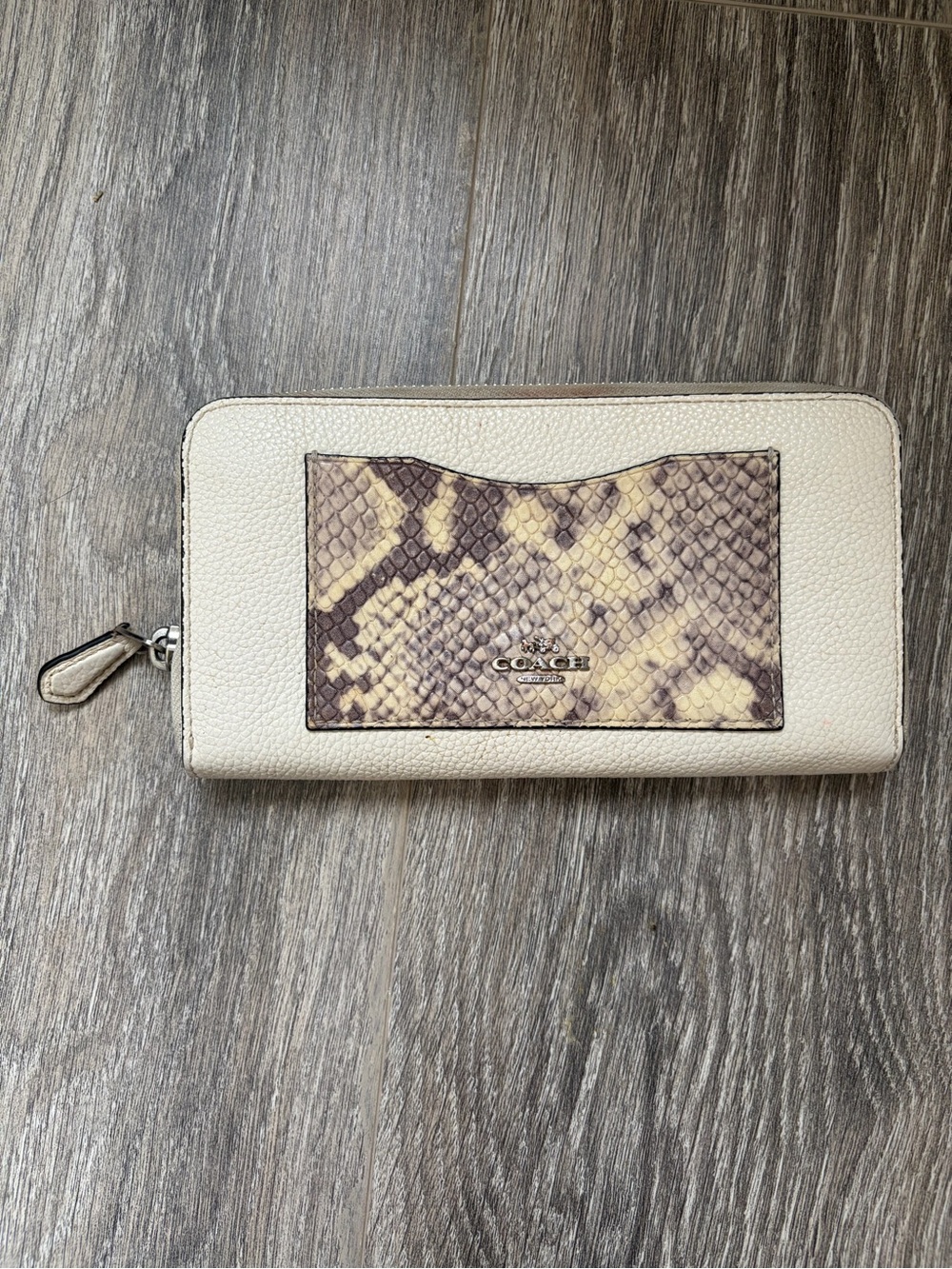 Coach Cream Zip Wallet with Snake-Print Card Pocket